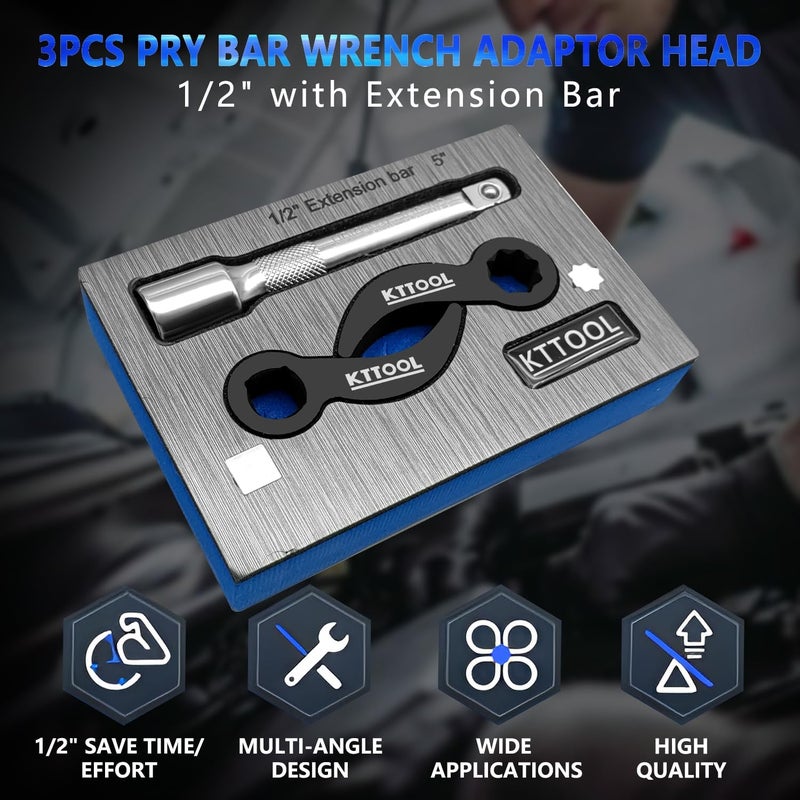 KTTOOL Store 3 Pcs Pry Bar Wrench Adaptor Head, 2025 New Crowbar Adapter Head Tool, Half Shaft Removal Car Repairing Tools with Extension Bar for Tight Spaces, 1/2" D 4pt & 8pt Profile - Image 2